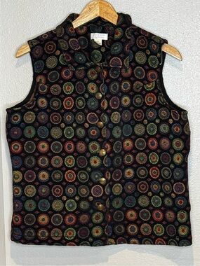 Christopher & Banks Black Multicolor Circle-Print Sleeveless Button Vest